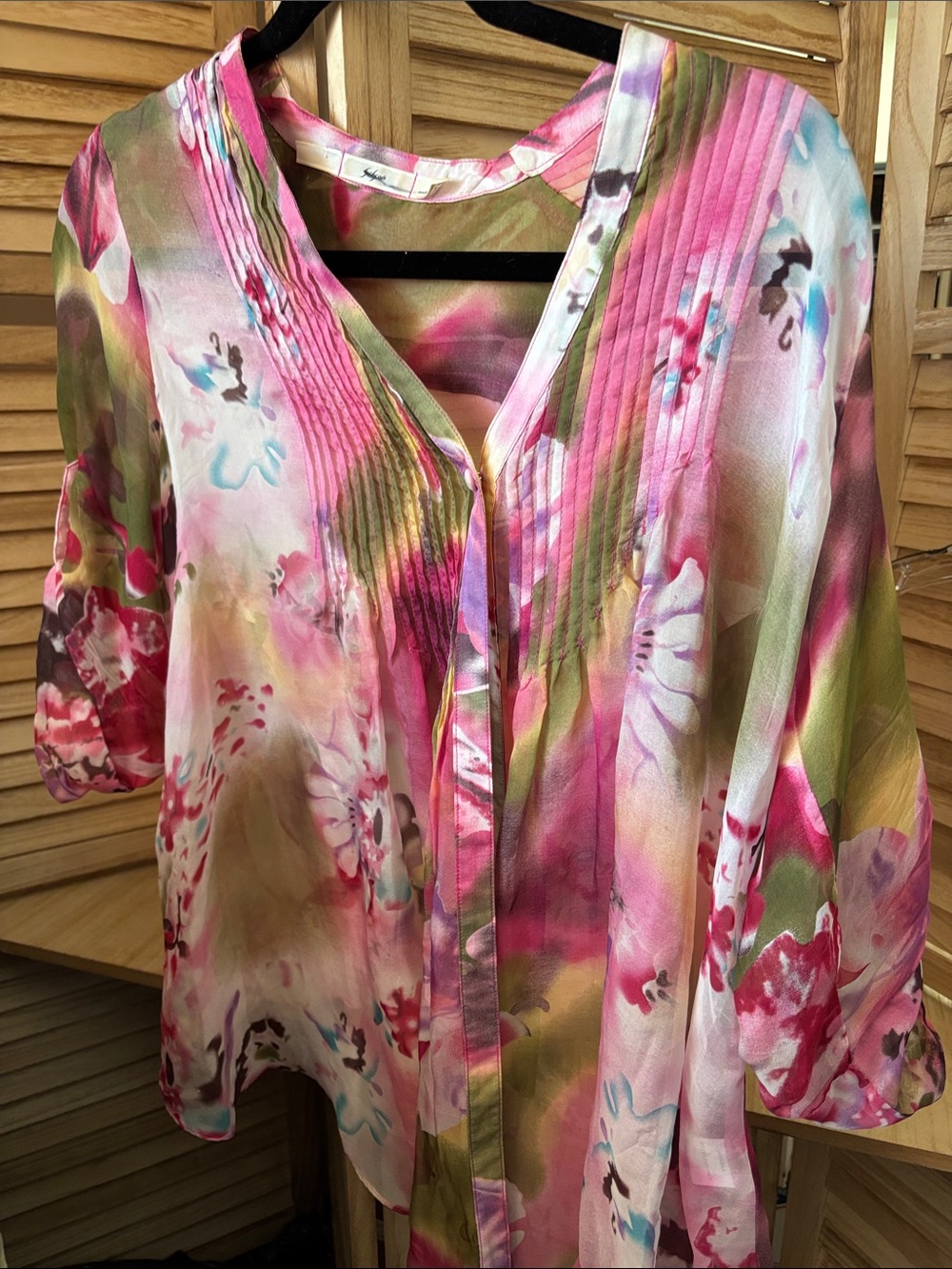 Gibson Sheer Pink Floral V-Neck Silk Pintuck Cover Up X-Small